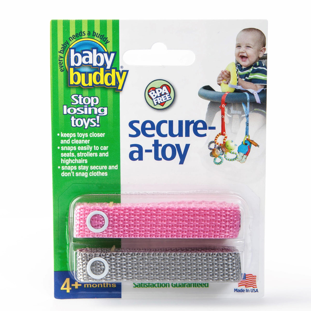 Baby Buddy Secure-a-Toy, Adjustable Pacifier and Teether Strap for Stroller, Highchair, and Car Seat, Pink Gray, 2 pack