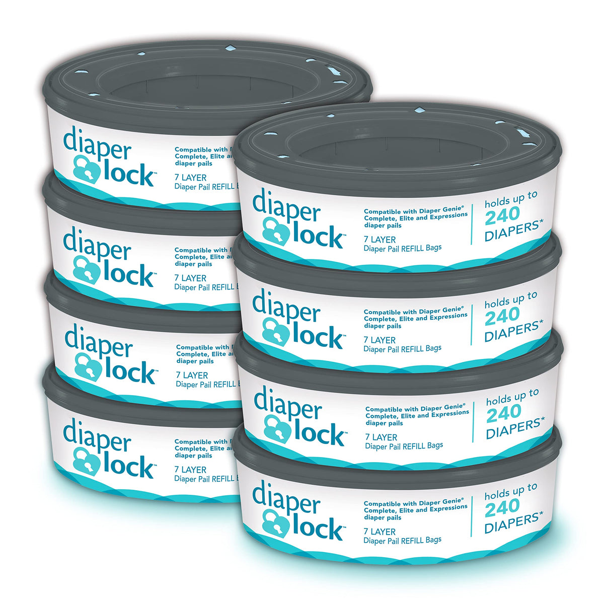 Diaper Lock Refills for Diaper Genie Pails | 240 Count (8-Pack) | Compatible with All Diaper Genie Complete, Expressions, Essentials, Elite and Quick Caddy Pails