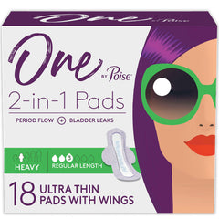 One by Poise Feminine Pads with Wings (2-in-1 Period & Incontinence Pads for Women), Postpartum Pads, Heavy Absorbency Sanitary Pads, 18 Count