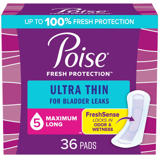 Poise Ultra Thin Incontinence Pads & Postpartum Incontinence Pads, 5 Drop Maximum Absorbency, Regular Length, 36 Count