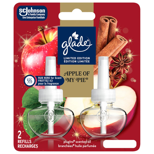 Glade Holiday PlugIns Air Freshener Oil Refill, Fall Scented and Essential Oils for Bathroom and Home Fragrance, Apple of my Pie™, 2 Refills (Packaging May Vary)
