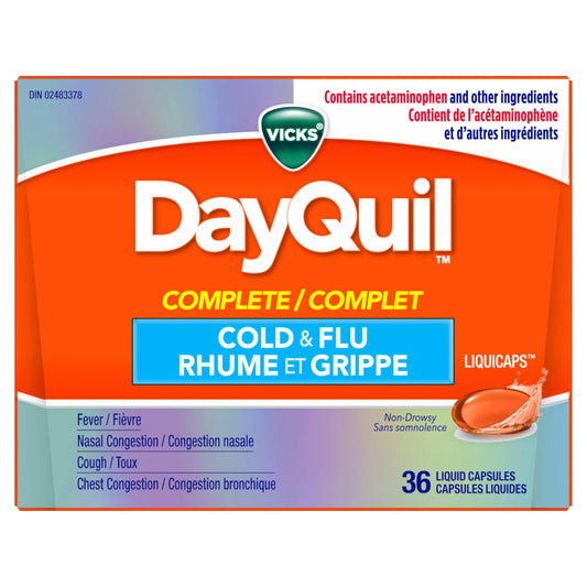 Vicks DayQuil COMPLETE Cold and Flu Symptom and Congestion Relief LiquiCap, Non-Drowsy Daytime Relief for 9-Symptoms, 36ct