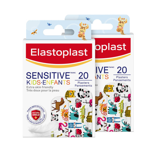 ELASTOPLAST Sensitive Kids Bandages for Wound Care and First Aid Kit (Pack of 2), Extra Skin-Friendly Hypoallergenic Bandages, Bacteria Shield, Painless Removal, Latex Free, First Aid Supplies, 2 Sizes, 2 x 20 Strips