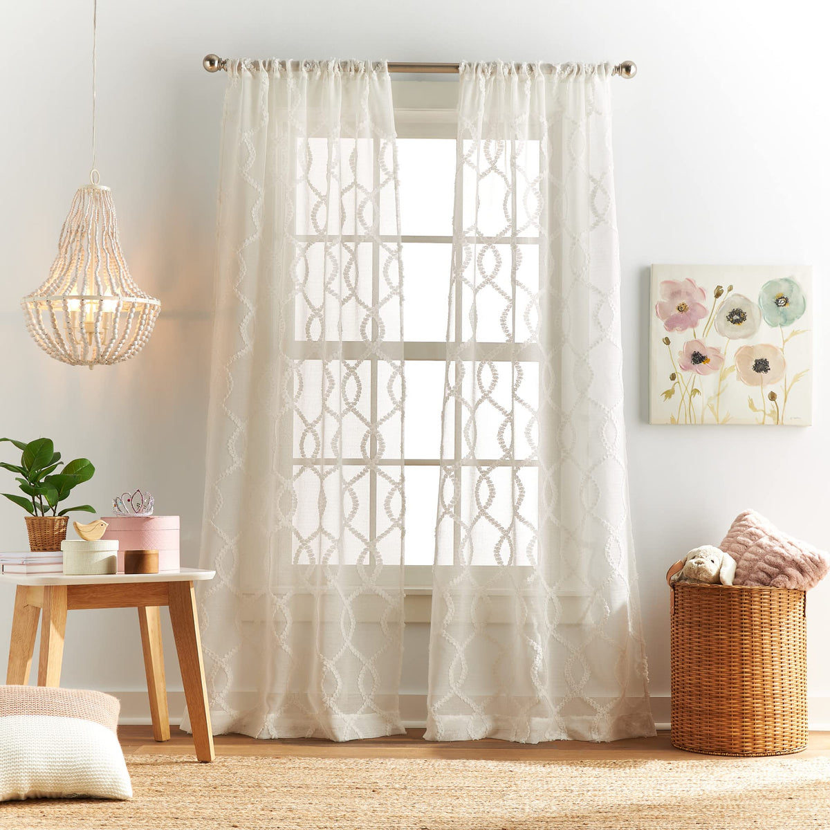 Dream Factory Sheer Curtains for Kids Room Girls Bedroom Décor for Nursery Rod Pocket Window Treatment 2 Piece Set, 84" Panel Pair, White Audrey