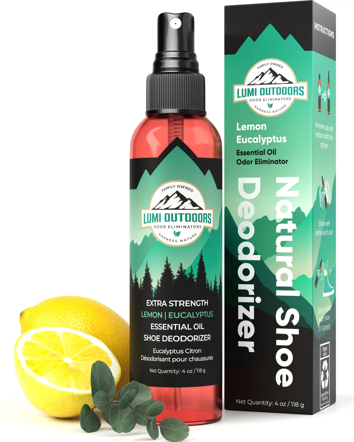 Lumi Outdoors Natural Shoe Deodorizer Spray (700+ Sprays) - Extra Strength Shoe Odor Eliminator for Smelly Shoes & Foot Odor - Replaces Shoe Balls & Inserts - Eucalyptus Lemongrass