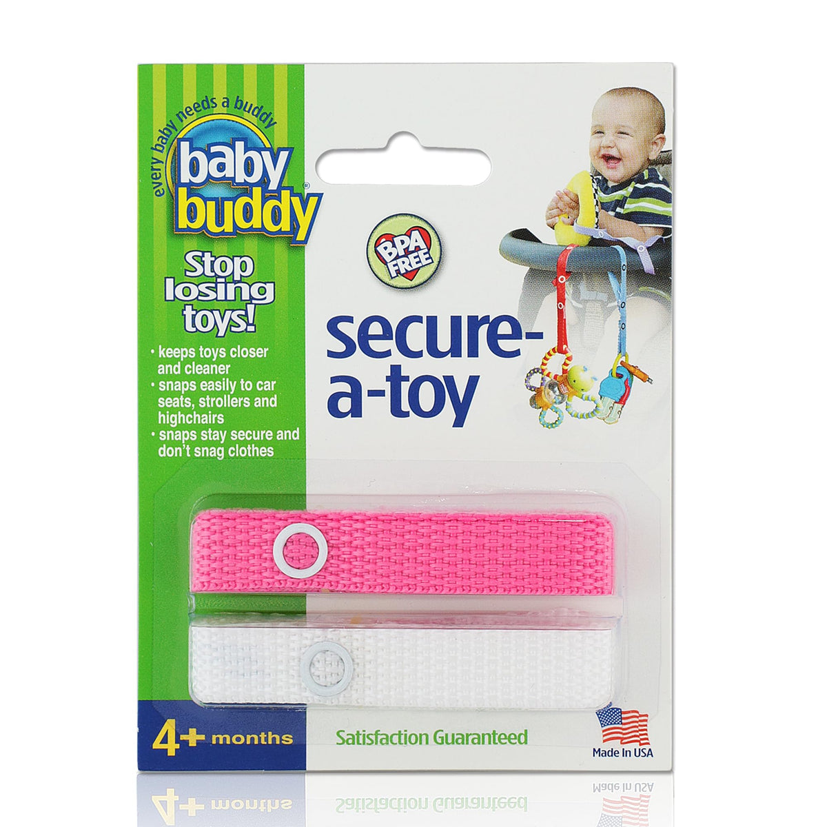 Baby Buddy Secure-a-Toy, Adjustable Pacifier and Teether Strap for Stroller, Highchair, and Car Seat, Pink White, 2 pack