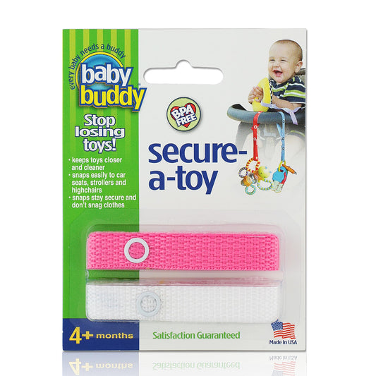 Baby Buddy Secure-a-Toy, Adjustable Pacifier and Teether Strap for Stroller, Highchair, and Car Seat, Pink White, 2 pack