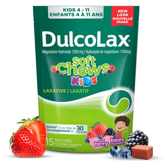 DulcoLax Soft Chews Kids, Laxative for Gentle Occasional Constipation Relief for Kids Ages 4 and Over, Vegan, Stimulant-Free, Gluten-Free Laxatives, Wild Berry, 15 Count