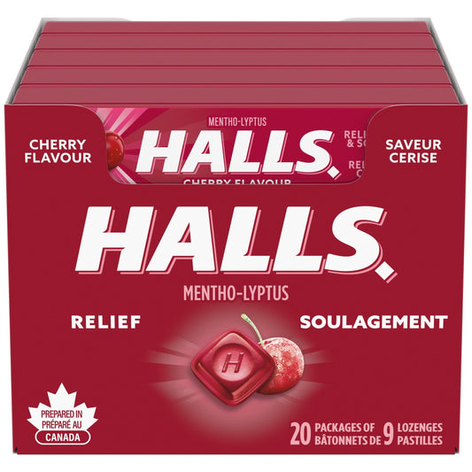HALLS Cherry Flavour Cough Drops, 20 Packs of 9 lozenges, Throat Lozenges, Sore Throat Relief, Relieves Cough, Mentho-Lyptus, Prepared in Canada
