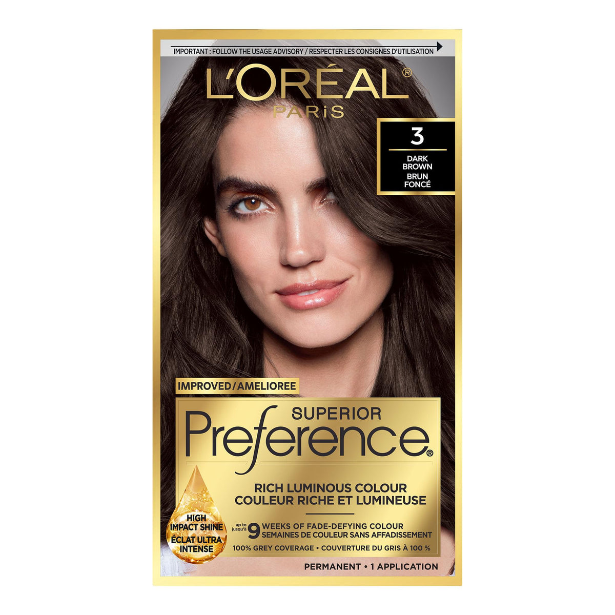 L'Oreal Paris Superior Preference 9 weeks of Luminous Fade-Defying Permanent Hair Dye, 3 Dark Brown, 100% Grey Coverage, 1 Hair Dye Kit (Packaging May Vary)