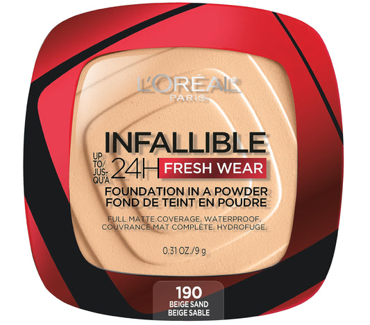 L’Oréal Paris Infallible Up to 24H Fresh Wear Foundation-in-a-Powder, Full Coverage Foundation, Waterproof Formula for All Skin Types with Matte Finish, Beige Sand, 0.31 oz.