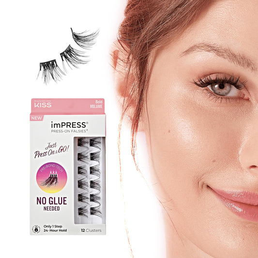 KISS imPRESS False Eyelashes, Lash Clusters, Falsies, Sleek Natural', 12mm-14mm, Includes 12 pieces of pre-bonded lashes, Contact Lens Friendly, Easy to Apply, Reusable Strip Lashes