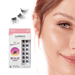 KISS imPRESS False Eyelashes, Lash Clusters, Falsies, Sleek Natural', 12mm-14mm, Includes 12 pieces of pre-bonded lashes, Contact Lens Friendly, Easy to Apply, Reusable Strip Lashes