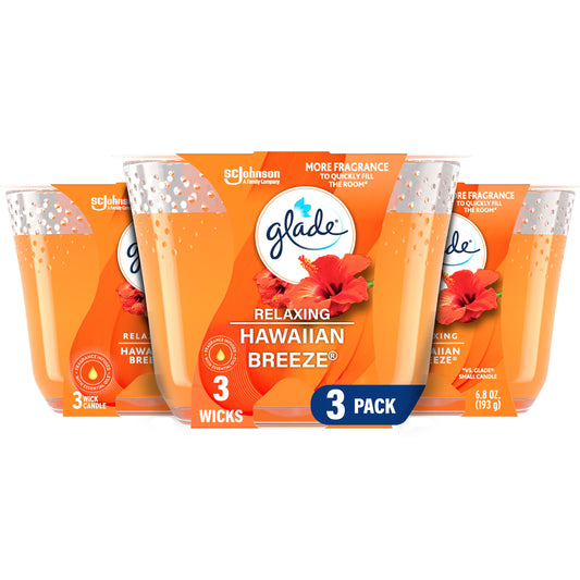 Glade Hawaiian Breeze 3-Wick Air Freshener Candle, Infused with Essential Oils, 6.8 Oz, 3 Count