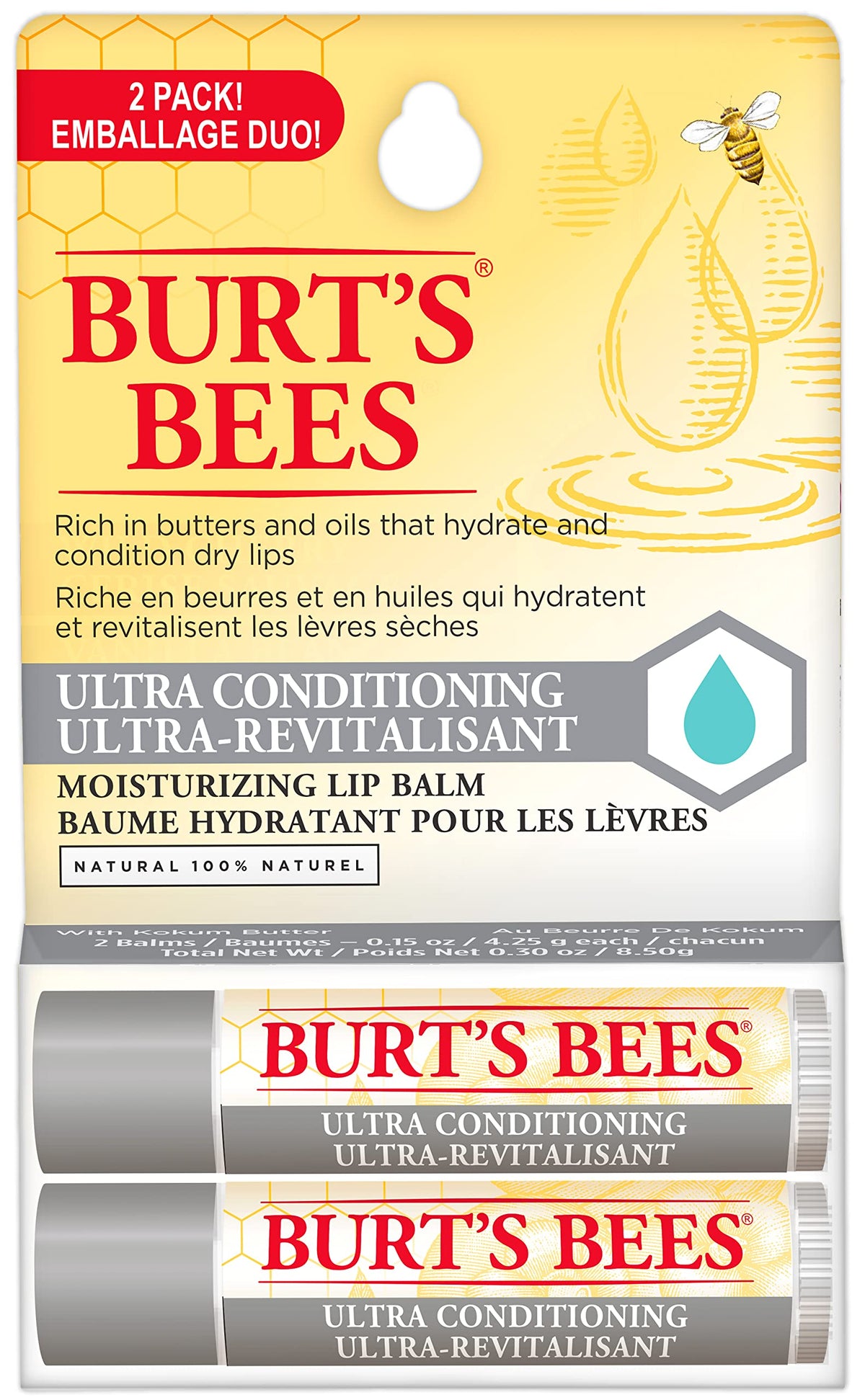 Burt's Bees 100% Natural Origin Moisturizing Lip Balm for Dry Chapped Lips, Ultra Conditioning Lip Repair - Pack of 2 - Kokum Butter, Shea Butter, & Cocoa Butter, Unscented