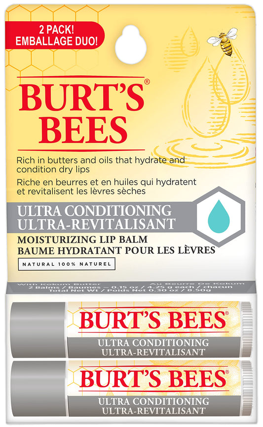 Burt's Bees 100% Natural Origin Moisturizing Lip Balm for Dry Chapped Lips, Ultra Conditioning Lip Repair - Pack of 2 - Kokum Butter, Shea Butter, & Cocoa Butter, Unscented