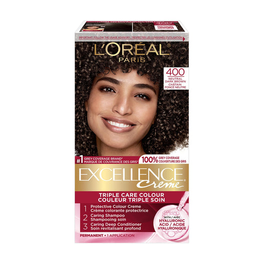 L'Oréal Paris Excellence Crème Hair Dye with Hyaluronic Acid, Neutral Dark Brown 400, Hair Color for Women, 100% Grey Coverage, Long Lasting Rich Colour, Hair Dye Kit, 1EA