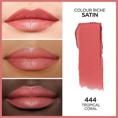 L’Oréal Paris Colour Riche Satin Lipstick, Hydrating Formula with Vitamin E & Argan Oil for Lips, Tropical Coral