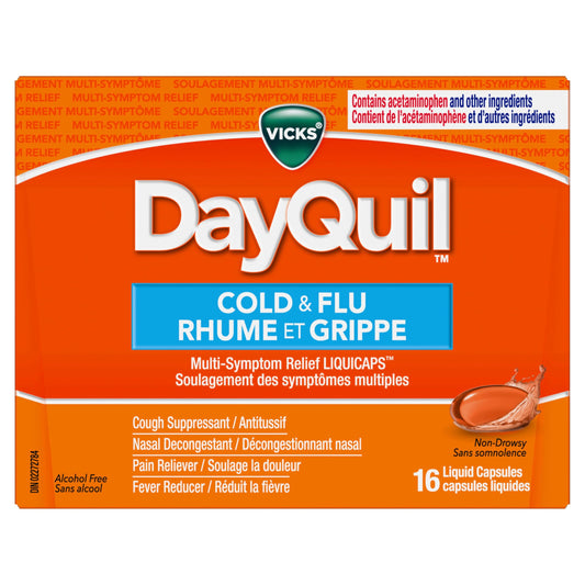 Vicks DayQuil Cold and Flu Medicine, Cough Suppressant, Nasal Decongestant, Pain & Fever Reducer, Non-Drowsy Formula, 16 Liquid Capsules