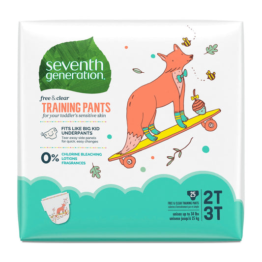 Seventh Generation Training Pants for toddlers up to 15 kg Free & Clear designed for sensitive skin with 0% Chlorine Bleaching Medium Size (2T-3T) 25 Count