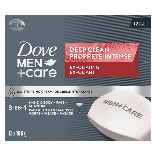 Dove Men+Care Hand & Body + Face + Exfoliation Bar Soap, Deep Clean, soap bar with ¼ moisturizing cream, 106g (Pack of 12 Bars)