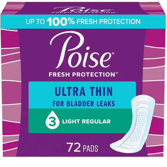 Poise Ultra Thin Incontinence Pads & Postpartum Incontinence Pads, 3 Drop Light Absorbency, Regular Length, 72 Count