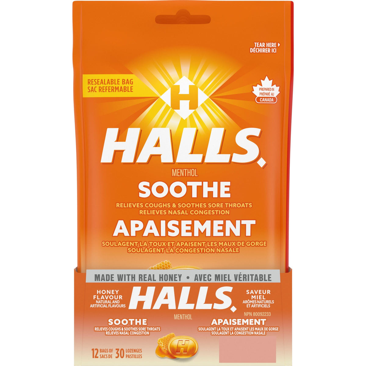 HALLS Honey Flavour Cough Drops, Throat Lozenges, Sore Throat Relief, Mentho-Lyptus, 30 Lozenges, Prepared in Canada