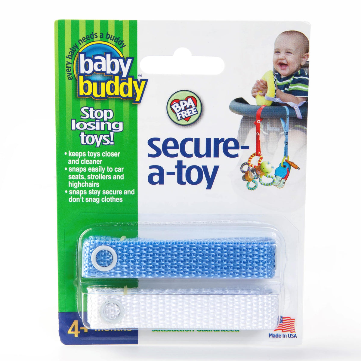 Baby Buddy Secure-a-Toy, Adjustable Pacifier and Teether Strap for Stroller, Highchair, and Car Seat, Blue White, 2 pack