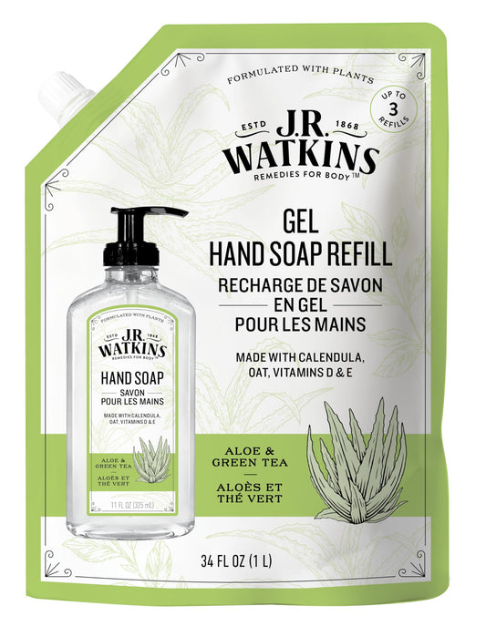 J.R. Watkins Aloe and Green Tea Gel Hand Soap Refill Pouch, Scented Liquid Hand Wash for Bathroom or Kitchen, USA Made and Cruelty Free, 1 Liter
