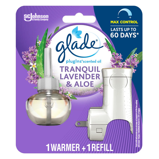 Glade PlugIns Air Freshener Oil Refill Kit, Scented and Essential Oils for Home and Bathroom, Tranquil Lavender & Aloe, 1 Warmer + 1 Refill