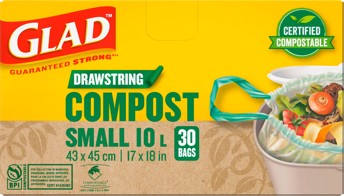Glad 100% Compostable Drawstring Bags - Small 10 Litres - Drawstring, 30 Compost Trash Bags - Unscented