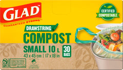 Glad 100% Compostable Drawstring Bags - Small 10 Litres - Drawstring, 30 Compost Trash Bags - Unscented