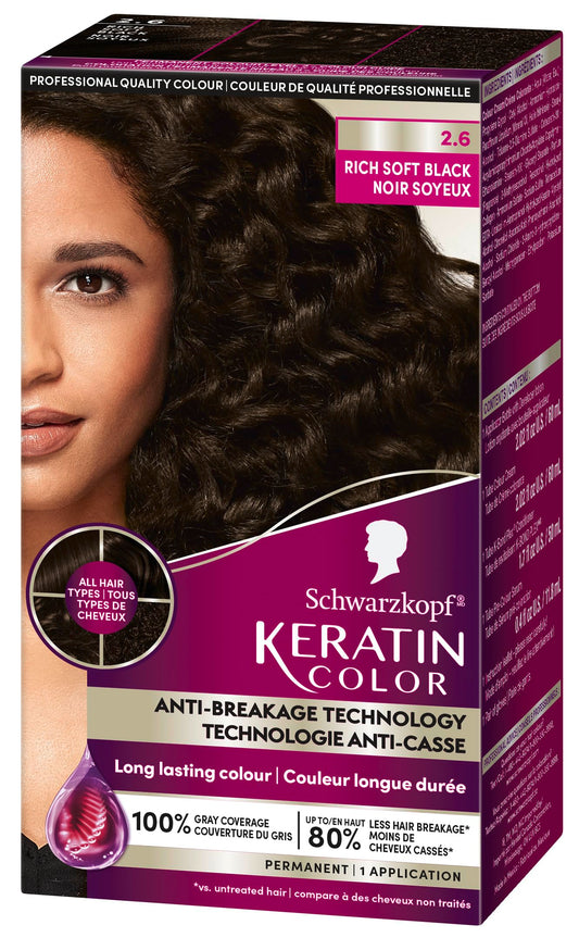 Schwarzkopf Keratin Color Permanent Hair Color, 2.6 Rich Soft Black, 1 Application - Salon Inspired Permanent Hair Dye, for up to 80% Less Breakage vs Untreated Hair and up to 100% Gray Coverage