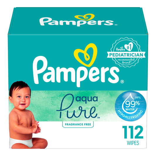 Pampers Aqua Pure Baby Wipes, 99% Water, Fragrance Free, 112 Baby Wipes Total (2X Flip-Top Packs)