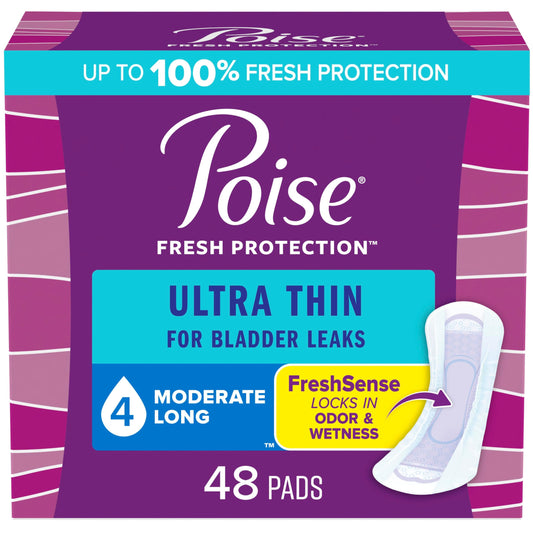 Poise Ultra Thin Incontinence Pads & Postpartum Incontinence Pads, 4 Drop Moderate Absorbency, Long Length, 48 Count