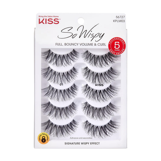 KISS So Wispy False Eyelashes Multipack #01, Full Bouncy Volume & Curl, Signature Wispy Effect, Quality Synthetic, Crisscross Pattern, Cruelty Free, Reusable and contact lens friendly, 5 Pairs