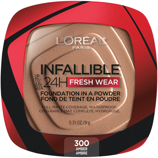 L’Oréal Paris Infallible Up to 24H Fresh Wear Foundation-in-a-Powder, Full Coverage Foundation, Waterproof Formula for All Skin Types with Matte Finish, Amber, 0.31 oz.