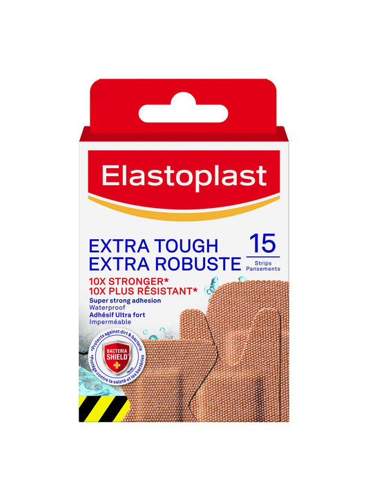 Elastoplast Extra Tough Waterproof Adhesive Bandages, 15 Strips, Beige | Flexible Fabric | Durable Protection Super Strong Adhesion for Extra Strong Sticking Power
