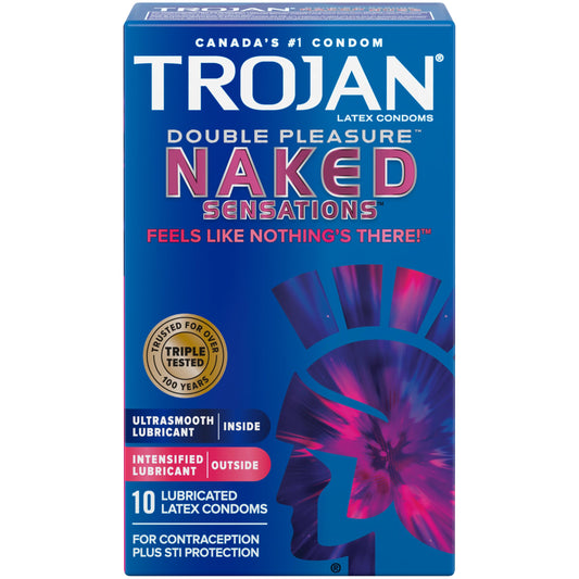 TROJAN Naked Sensations Double Pleasure Lubricated Latex Condoms, Feel the Pleasure & Not the Condom, Ultrasmooth Lubricant Inside for Him and Intensified Lubricant Outside for Her, 10 Count (Pack of 1)