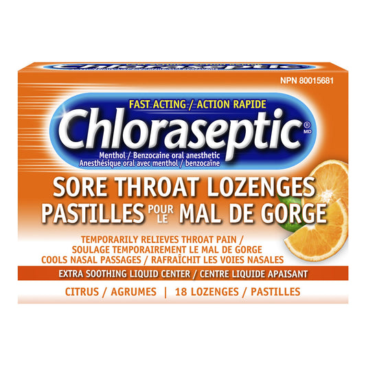 Chloraseptic Fast Acting Sore Throat Lozenges with Soothing Liquid Centre, Citrus Flavour, 18 Lozenges