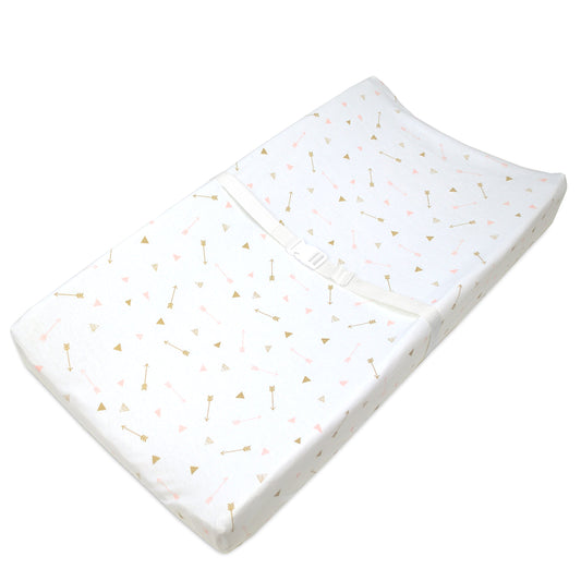 American Baby Printed 100% Natural Cotton Jersey Knit Fitted Contoured Changing Table Pad Cover for Boys and Girls - Soft Breathable, Sparkle Gold/Pink Arrows, Single