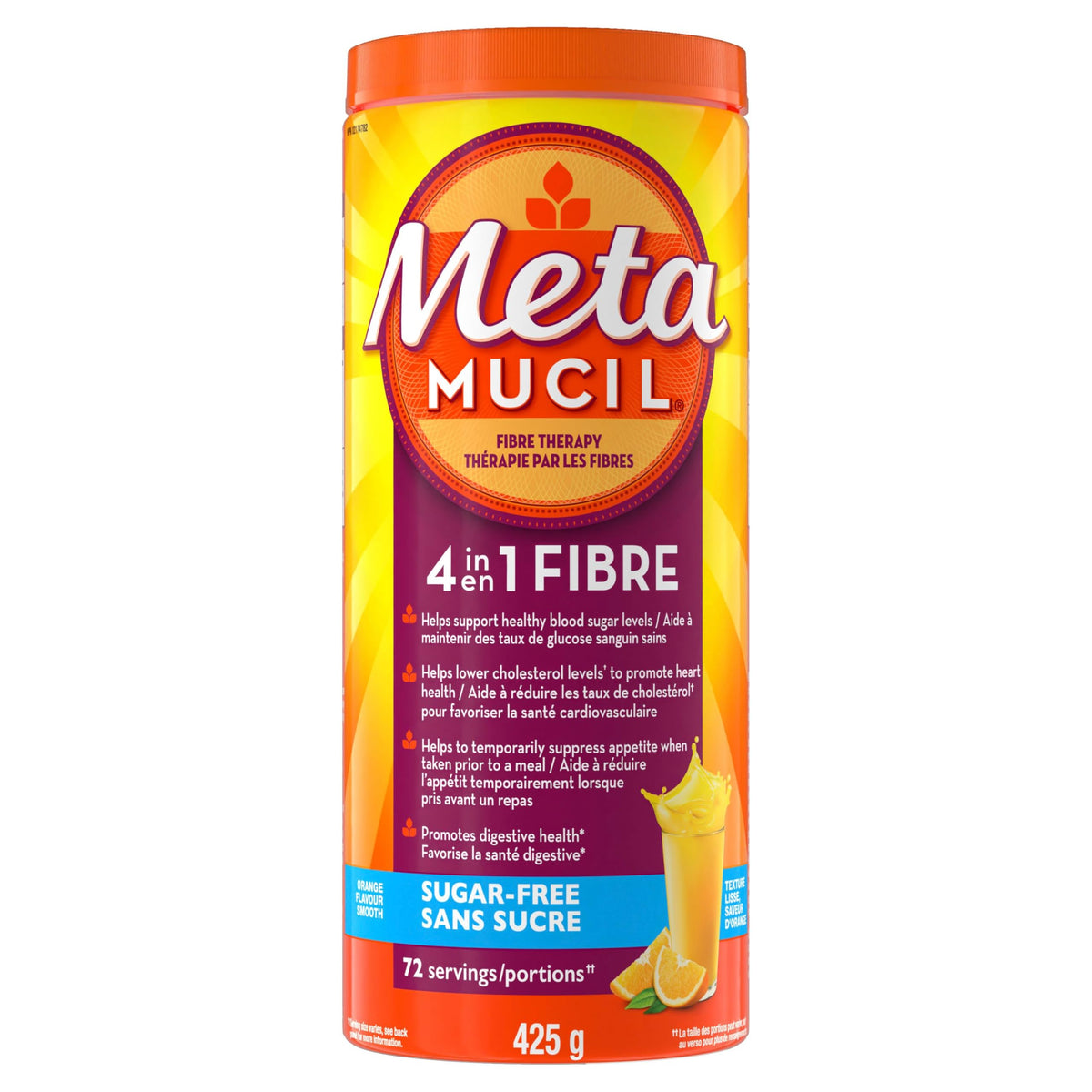 Metamucil, Daily Psyllium Husk Powder Supplement, Sugar-Free, 4-in-1 Fibre for Digestive Health, Orange Smooth Flavored Drink, 72 Servings