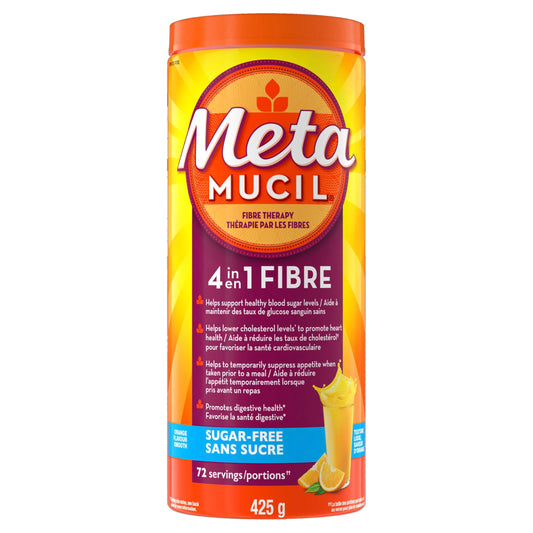 Metamucil, Daily Psyllium Husk Powder Supplement, Sugar-Free, 4-in-1 Fibre for Digestive Health, Orange Smooth Flavored Drink, 72 Servings