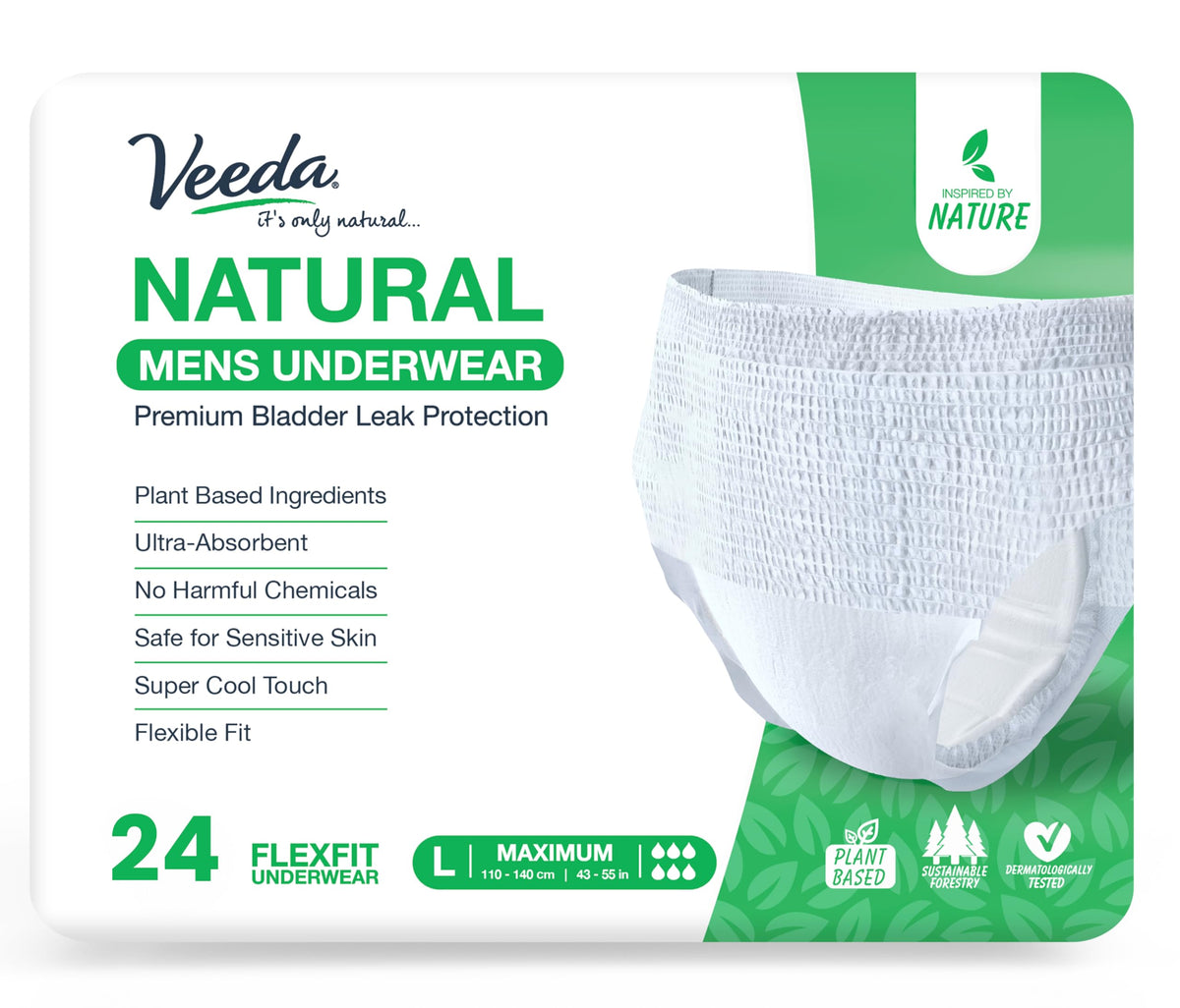 Veeda Natural Adult Incontinence Underwear for Men - Disposable Underwear for Bladder Leakage Protection - Adult Diapers for Men with Maximum Absorbency - Large Size - 24 Count