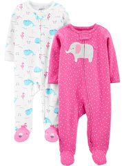 Simple Joys by Carter's Girls' 2-Pack Cotton Footed Sleep and Play, pink elephant/Whales, Preemie