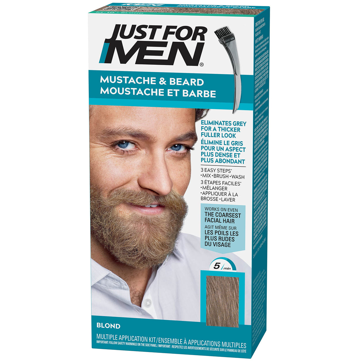 Just For Men Mustache & Beard, Beard Dye for Men with Brush Included for Easy Application, With Biotin Aloe and Coconut Oil for Healthy Facial Hair, Blond, M-10 (1 Count), Packaging May Vary
