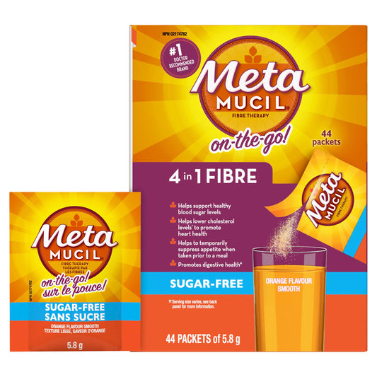 Metamucil, Daily Psyllium Husk Powder Supplement Packets, Sugar-Free, 4-in-1 Fibre for Digestive Health, Orange Smooth Flavored Drink, 44 Servings