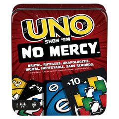 Mattel Games UNO Show ‘em No Mercy Card Game in Storage & Travel Tin for Kids, Adults & Family Night with Extra Cards, Special Rules & Tougher Penalties