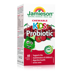 Jamieson Probiotic for Kids, 60 Chewable Tablets, 5 Billion CFU, Natural Cherry Flavour, Digestive and Intestinal Health. Non-GMO, No Artificial Colours, Flavours, or Preservatives, 60 Count