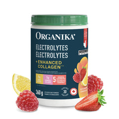 Organika Canadian-Made Electrolytes + Enhanced Collagen - Daily Hydration Powder with 5g of Collagen for Hair, Skin and Nails, 100% of Daily Vitamin C, Zesty Lemon Berry Flavour, 360 g, 30 Servings